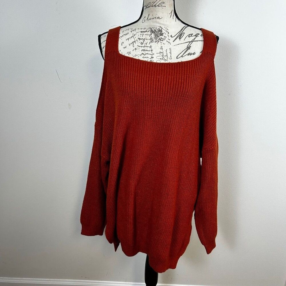 Unbranded Orange Cold Shoulder Knit Sweater Womens XXL Ribbed Long Sleeve
